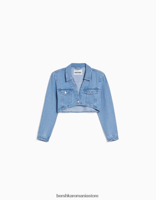 Bershka femei jachetă de denim decupată cu umeri căptușiți albastru deschis Z86D1101 îmbrăcăminte