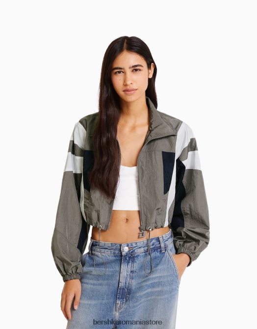 Bershka femei jachetă decupată din nylon color block gri Z86D1110 îmbrăcăminte