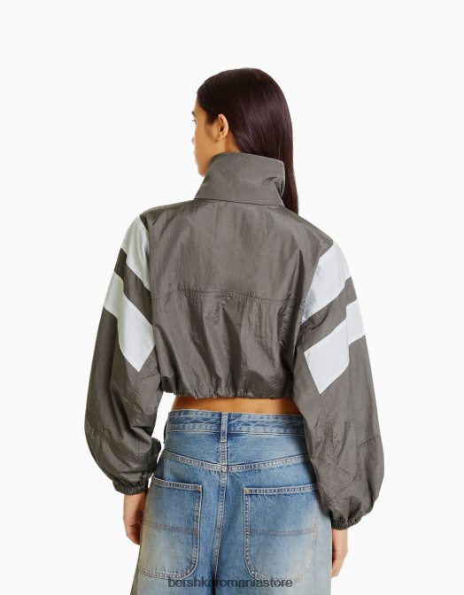 Bershka femei jachetă decupată din nylon color block gri Z86D1110 îmbrăcăminte
