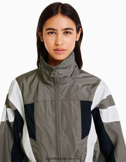 Bershka femei jachetă decupată din nylon color block gri Z86D1110 îmbrăcăminte