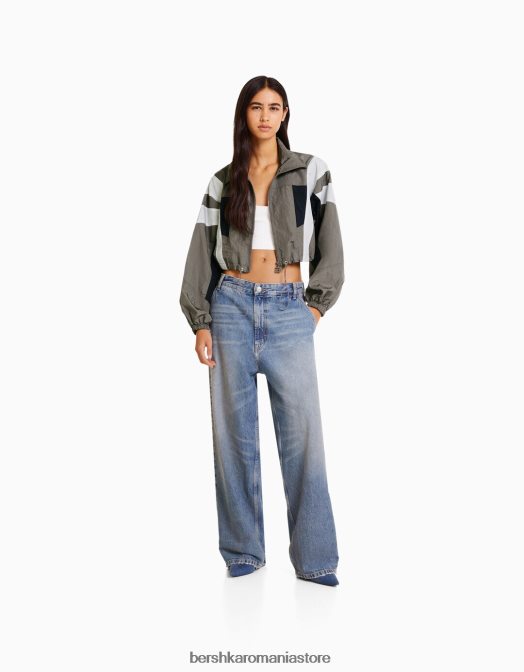 Bershka femei jachetă decupată din nylon color block gri Z86D1110 îmbrăcăminte