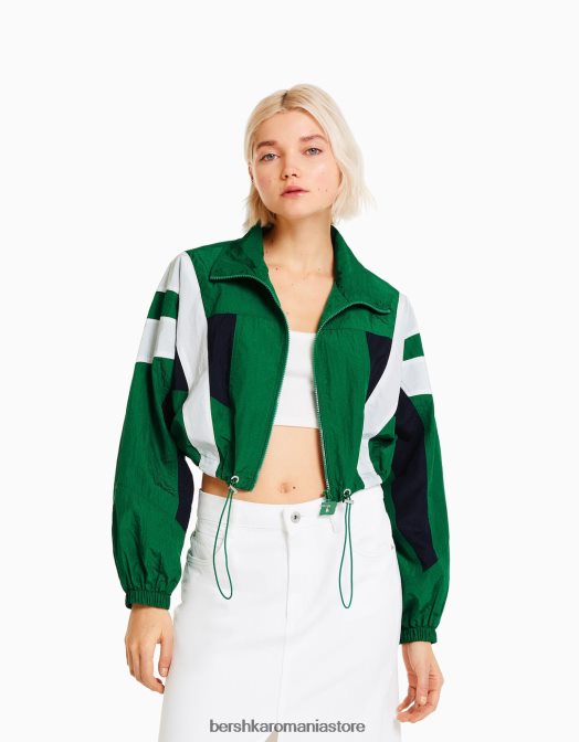 Bershka femei jachetă decupată din nylon color block verde Z86D1109 îmbrăcăminte