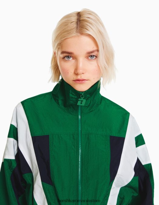 Bershka femei jachetă decupată din nylon color block verde Z86D1109 îmbrăcăminte