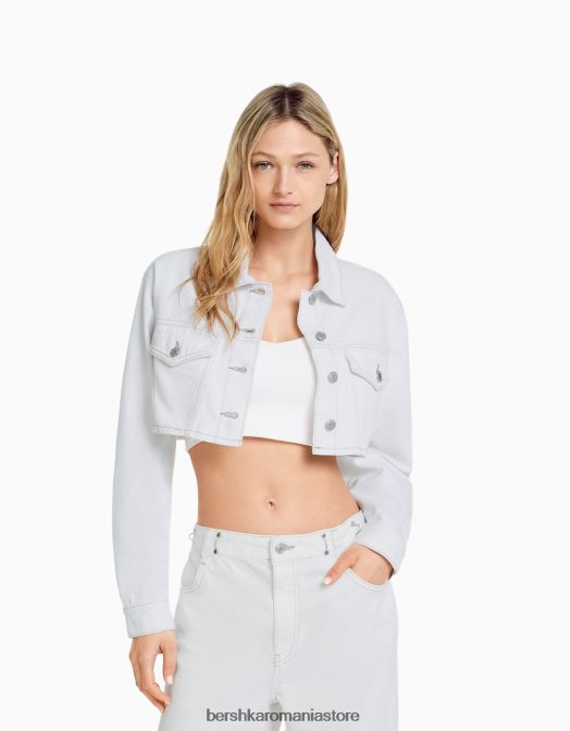 Bershka femei jachetă denim decupată alb Z86D1115 îmbrăcăminte