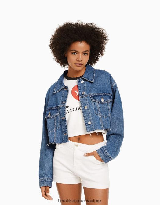 Bershka femei jachetă denim decupată albastru Z86D1102 îmbrăcăminte