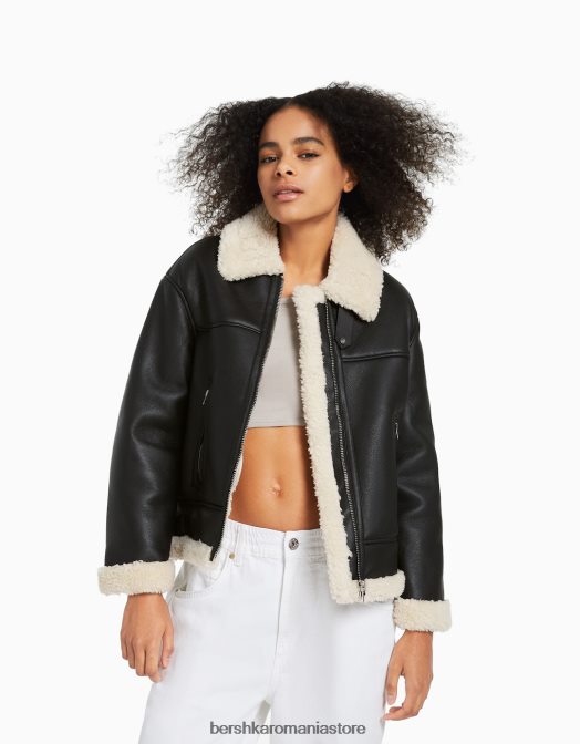 Bershka femei jachetă lungă din piele artificială cu două fețe negru Z86D1141 îmbrăcăminte
