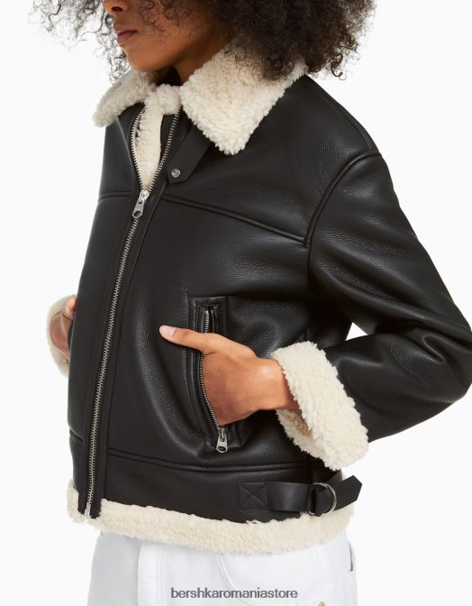 Bershka femei jachetă lungă din piele artificială cu două fețe negru Z86D1141 îmbrăcăminte