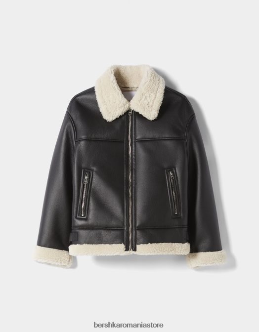 Bershka femei jachetă lungă din piele artificială cu două fețe negru Z86D1141 îmbrăcăminte