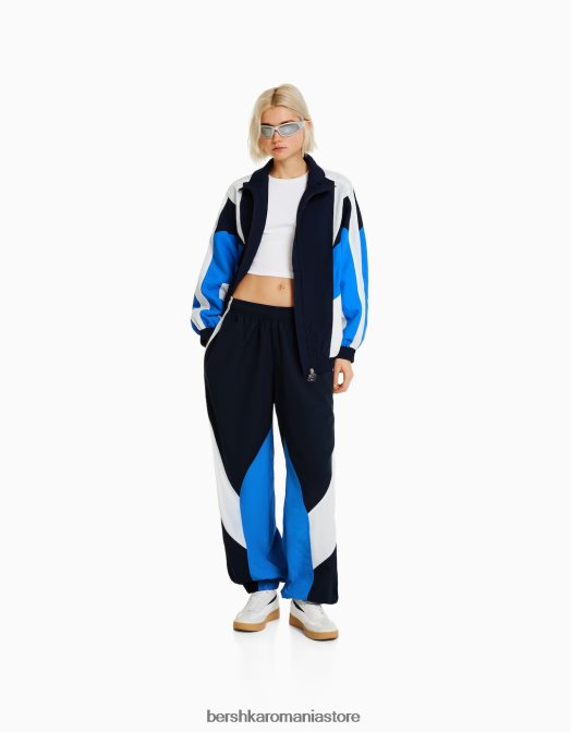 Bershka femei jachetă oversize din nylon color block albastru Z86D1108 îmbrăcăminte