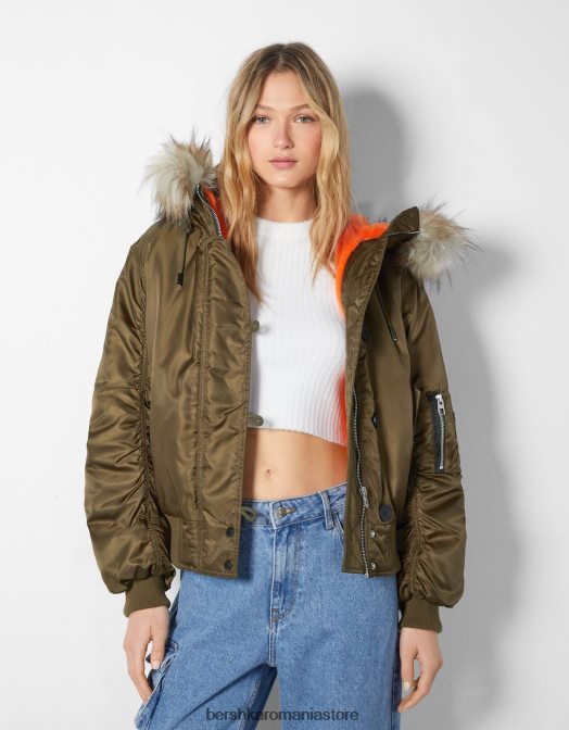 Bershka femei jachetă parka decupată cu glugă din blană artificială kaki Z86D1142 îmbrăcăminte