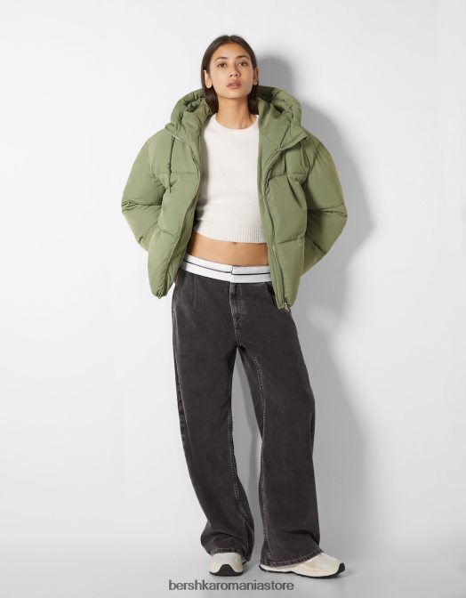 Bershka femei jachetă puf oversize cu glugă kaki Z86D1130 îmbrăcăminte