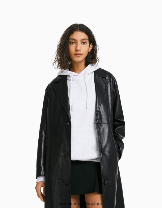 Bershka femei palton lung din imitatie de piele negru Z86D1146 îmbrăcăminte