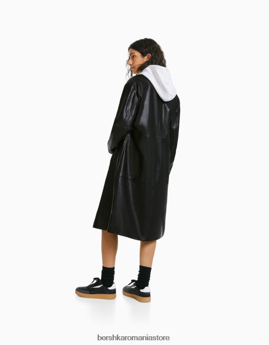 Bershka femei palton lung din imitatie de piele negru Z86D1146 îmbrăcăminte