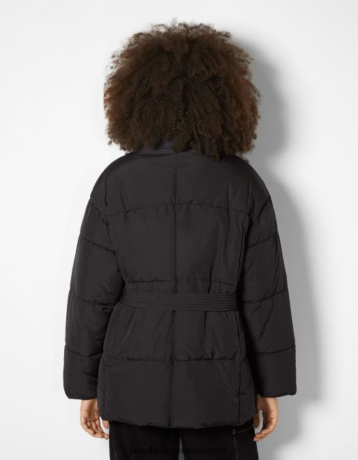 Bershka femei palton puf cu curea negru Z86D1178 îmbrăcăminte