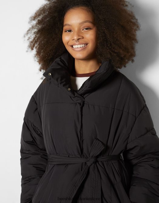 Bershka femei palton puf cu curea negru Z86D1178 îmbrăcăminte