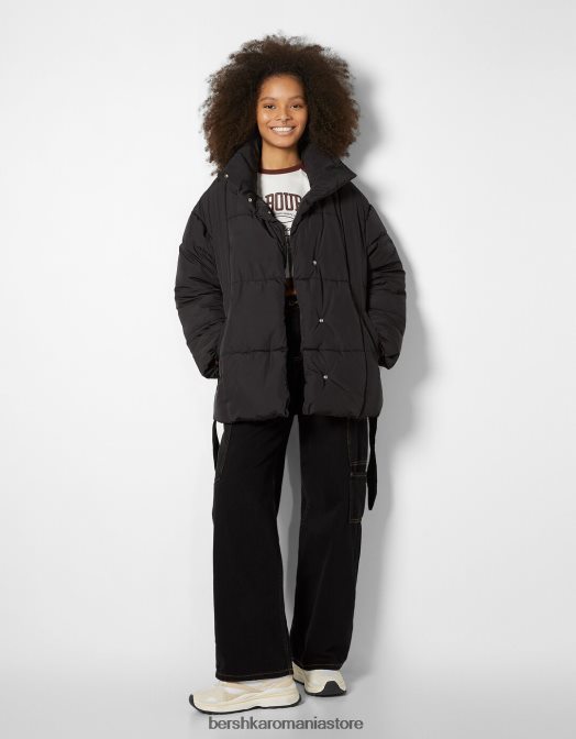 Bershka femei palton puf cu curea negru Z86D1178 îmbrăcăminte