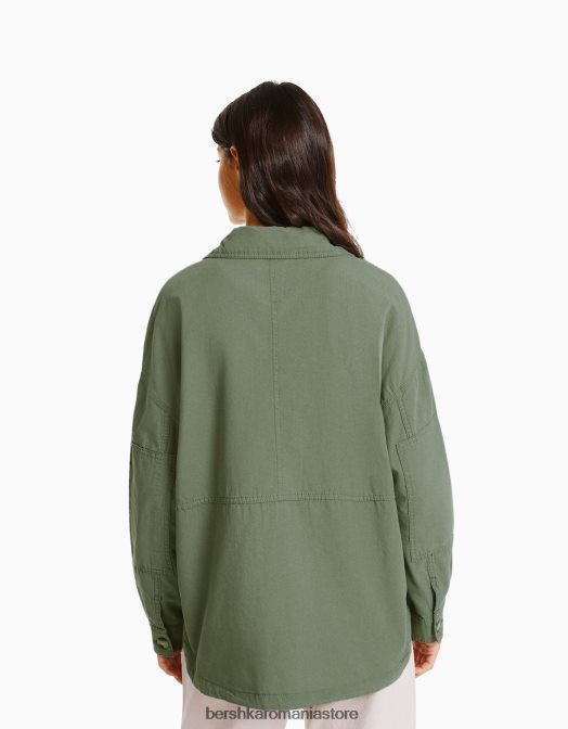 Bershka femei supracămașă din bumbac cu mânecă lungă și buzunare kaki Z86D1125 îmbrăcăminte