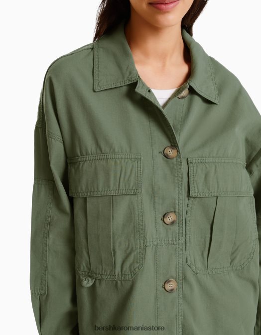 Bershka femei supracămașă din bumbac cu mânecă lungă și buzunare kaki Z86D1125 îmbrăcăminte