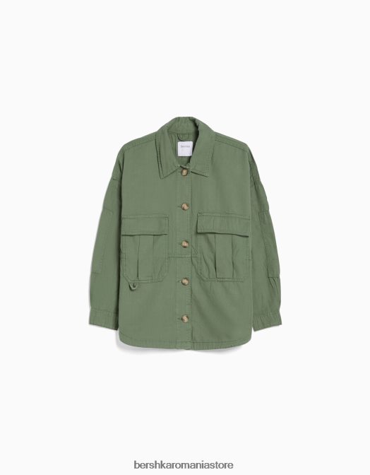 Bershka femei supracămașă din bumbac cu mânecă lungă și buzunare kaki Z86D1125 îmbrăcăminte