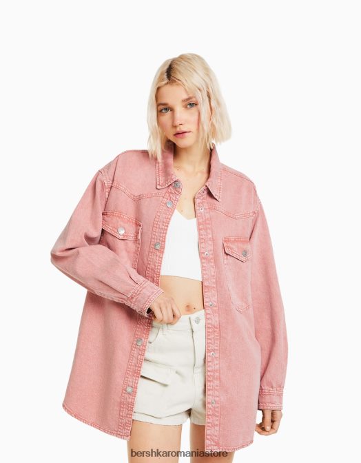 Bershka femei supracămașă din bumbac cu mânecă lungă și buzunare roz Z86D1124 îmbrăcăminte