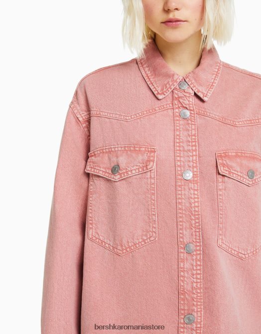 Bershka femei supracămașă din bumbac cu mânecă lungă și buzunare roz Z86D1124 îmbrăcăminte