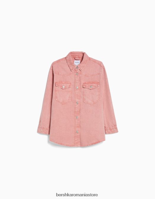 Bershka femei supracămașă din bumbac cu mânecă lungă și buzunare roz Z86D1124 îmbrăcăminte