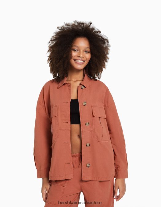 Bershka femei supracămașă din bumbac cu mânecă lungă și buzunare roz Z86D1126 îmbrăcăminte