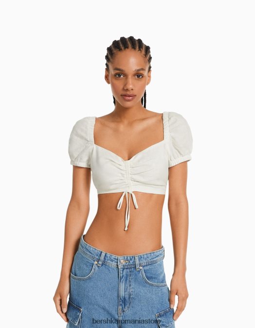 Bershka femei Crop top cu mânecă scurtă din amestec de in, cu detaliu adunat alb Z86D772 îmbrăcăminte