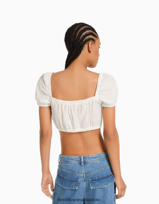 Bershka femei Crop top cu mânecă scurtă din amestec de in, cu detaliu adunat alb Z86D772 îmbrăcăminte