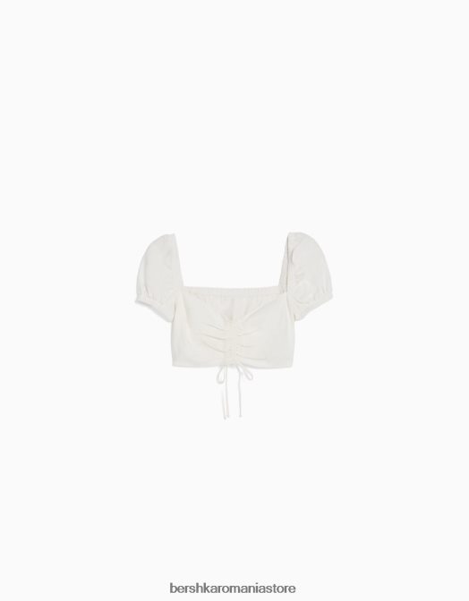 Bershka femei Crop top cu mânecă scurtă din amestec de in, cu detaliu adunat alb Z86D772 îmbrăcăminte