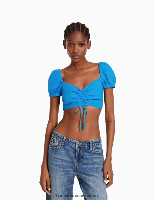 Bershka femei Crop top cu mânecă scurtă din amestec de in, cu detaliu adunat albastru Z86D773 îmbrăcăminte