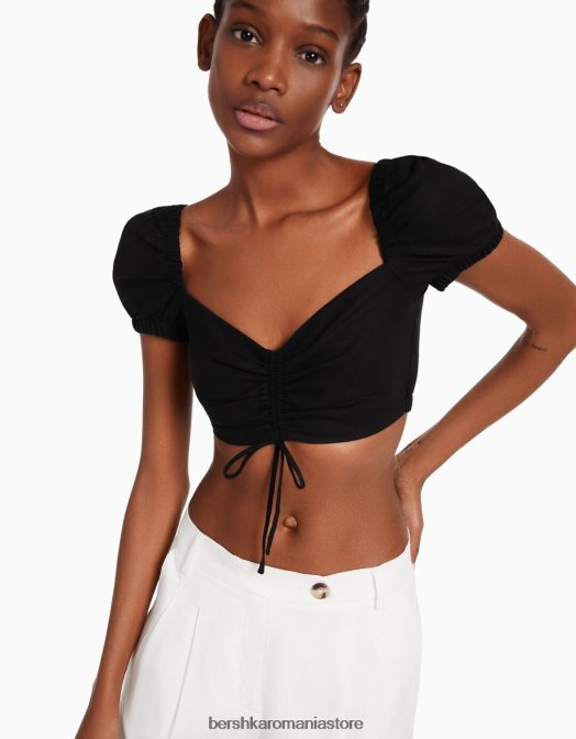 Bershka femei Crop top cu mânecă scurtă din amestec de in, cu detaliu adunat negru Z86D774 îmbrăcăminte