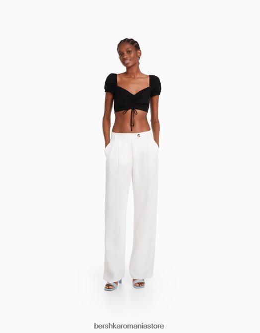 Bershka femei Crop top cu mânecă scurtă din amestec de in, cu detaliu adunat negru Z86D774 îmbrăcăminte