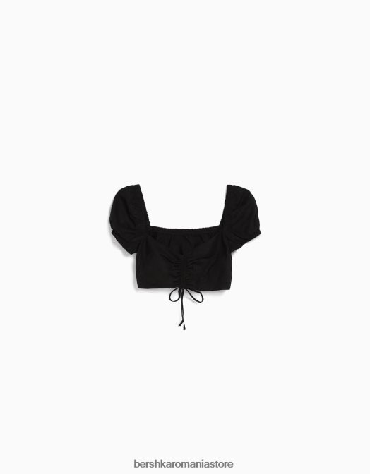 Bershka femei Crop top cu mânecă scurtă din amestec de in, cu detaliu adunat negru Z86D774 îmbrăcăminte