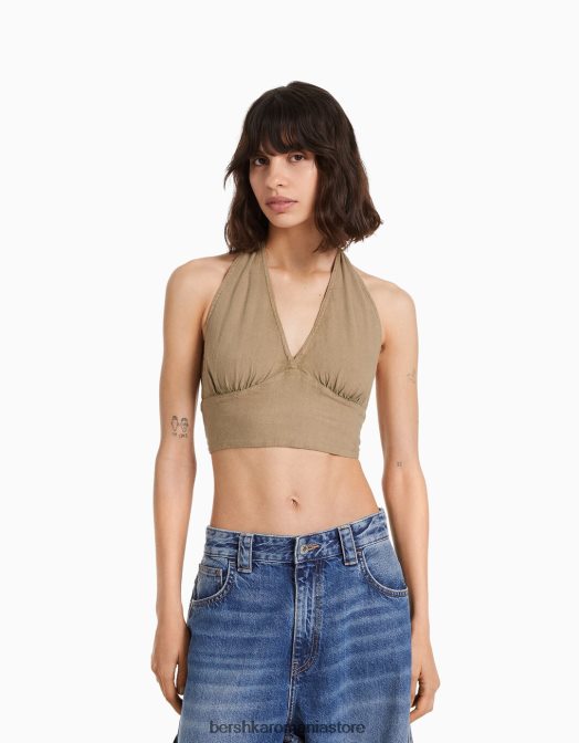 Bershka femei Crop top rustic din amestec de in bej Z86D734 îmbrăcăminte