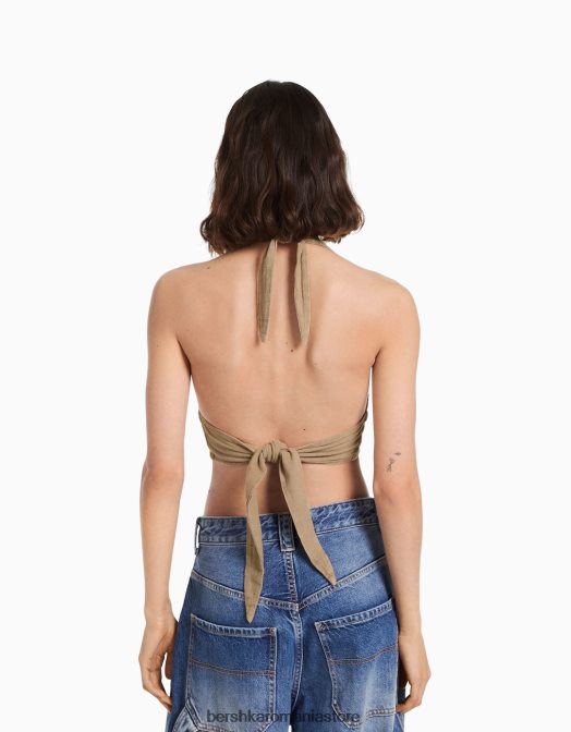 Bershka femei Crop top rustic din amestec de in bej Z86D734 îmbrăcăminte