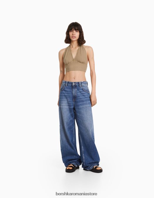 Bershka femei Crop top rustic din amestec de in bej Z86D734 îmbrăcăminte