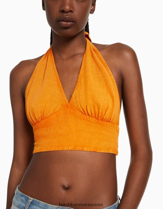 Bershka femei Crop top rustic din amestec de in portocale Z86D735 îmbrăcăminte
