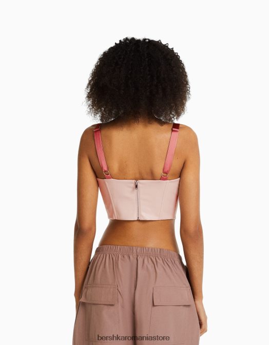 Bershka femei Top corset din imitație de piele cu bretele și șireturi din satin roz Z86D722 îmbrăcăminte