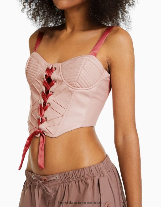 Bershka femei Top corset din imitație de piele cu bretele și șireturi din satin roz Z86D722 îmbrăcăminte