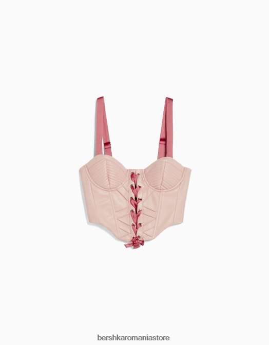 Bershka femei Top corset din imitație de piele cu bretele și șireturi din satin roz Z86D722 îmbrăcăminte
