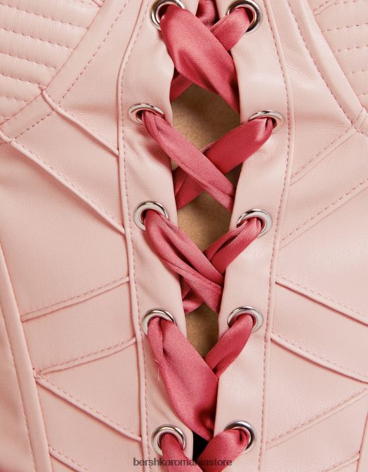 Bershka femei Top corset din imitație de piele cu bretele și șireturi din satin roz Z86D722 îmbrăcăminte