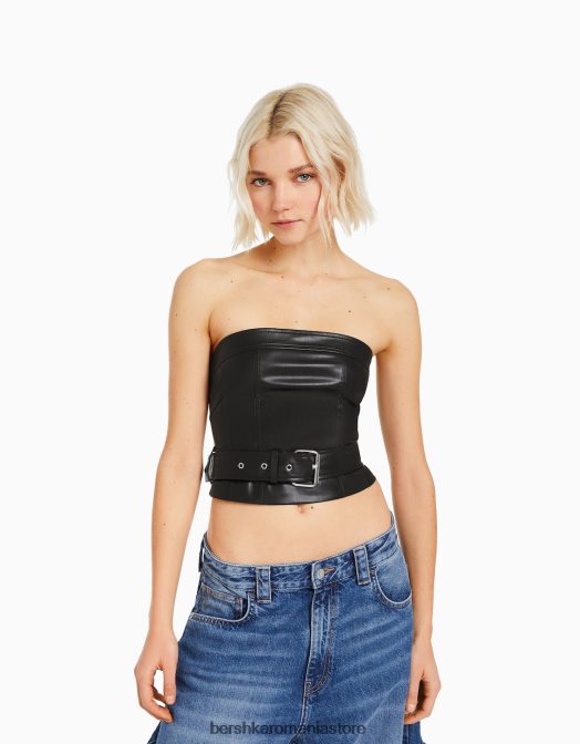 Bershka femei Top corset din imitatie de piele cu detaliu curea negru Z86D744 îmbrăcăminte