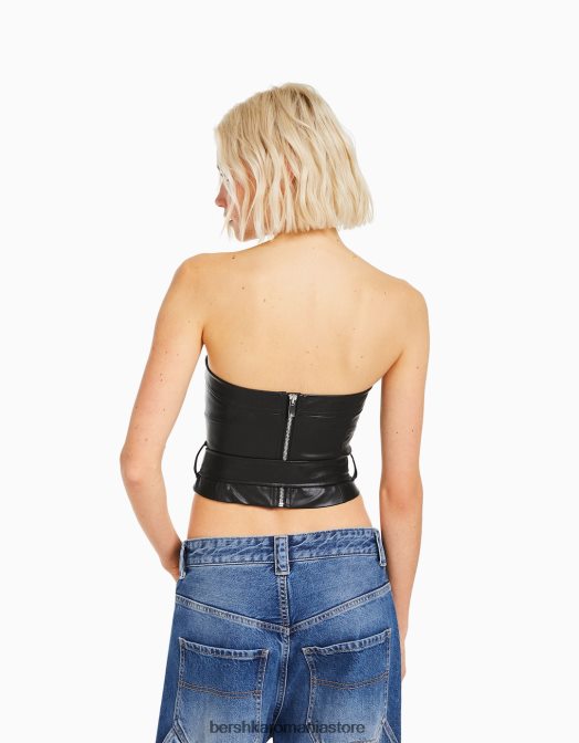 Bershka femei Top corset din imitatie de piele cu detaliu curea negru Z86D744 îmbrăcăminte