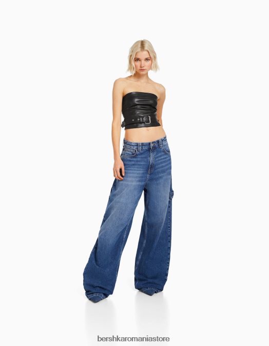 Bershka femei Top corset din imitatie de piele cu detaliu curea negru Z86D744 îmbrăcăminte