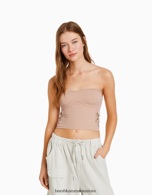 Bershka femei Top cu bandă fără cusături, cu detalii florale roz Z86D853 îmbrăcăminte