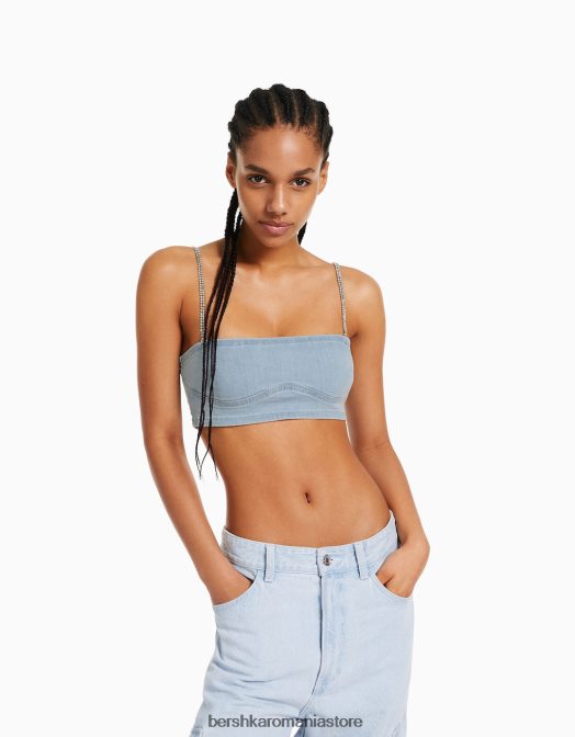 Bershka femei Top sutien cu bretele din denim cu detaliu cu strasuri albastru deschis Z86D715 îmbrăcăminte