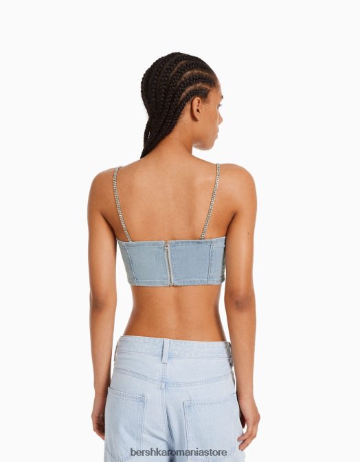 Bershka femei Top sutien cu bretele din denim cu detaliu cu strasuri albastru deschis Z86D715 îmbrăcăminte