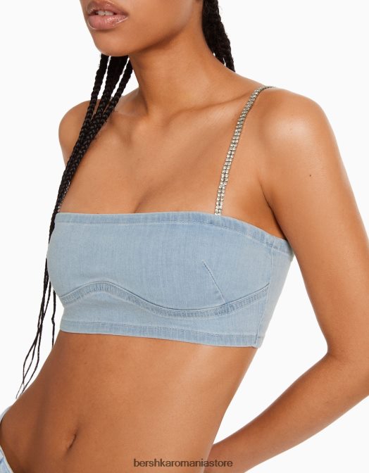 Bershka femei Top sutien cu bretele din denim cu detaliu cu strasuri albastru deschis Z86D715 îmbrăcăminte