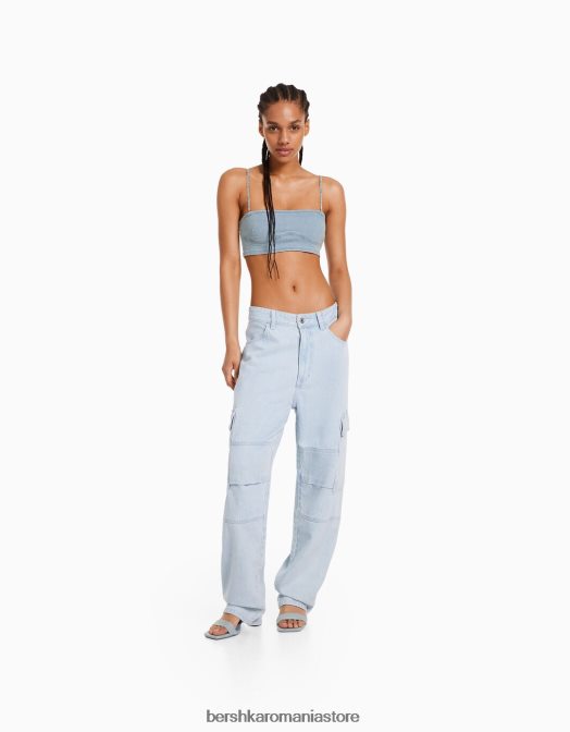 Bershka femei Top sutien cu bretele din denim cu detaliu cu strasuri albastru deschis Z86D715 îmbrăcăminte